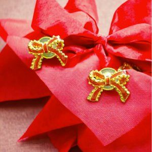 VINTAGE PIERCED EARRINGS - Red and Gold Bows, Post Earrings